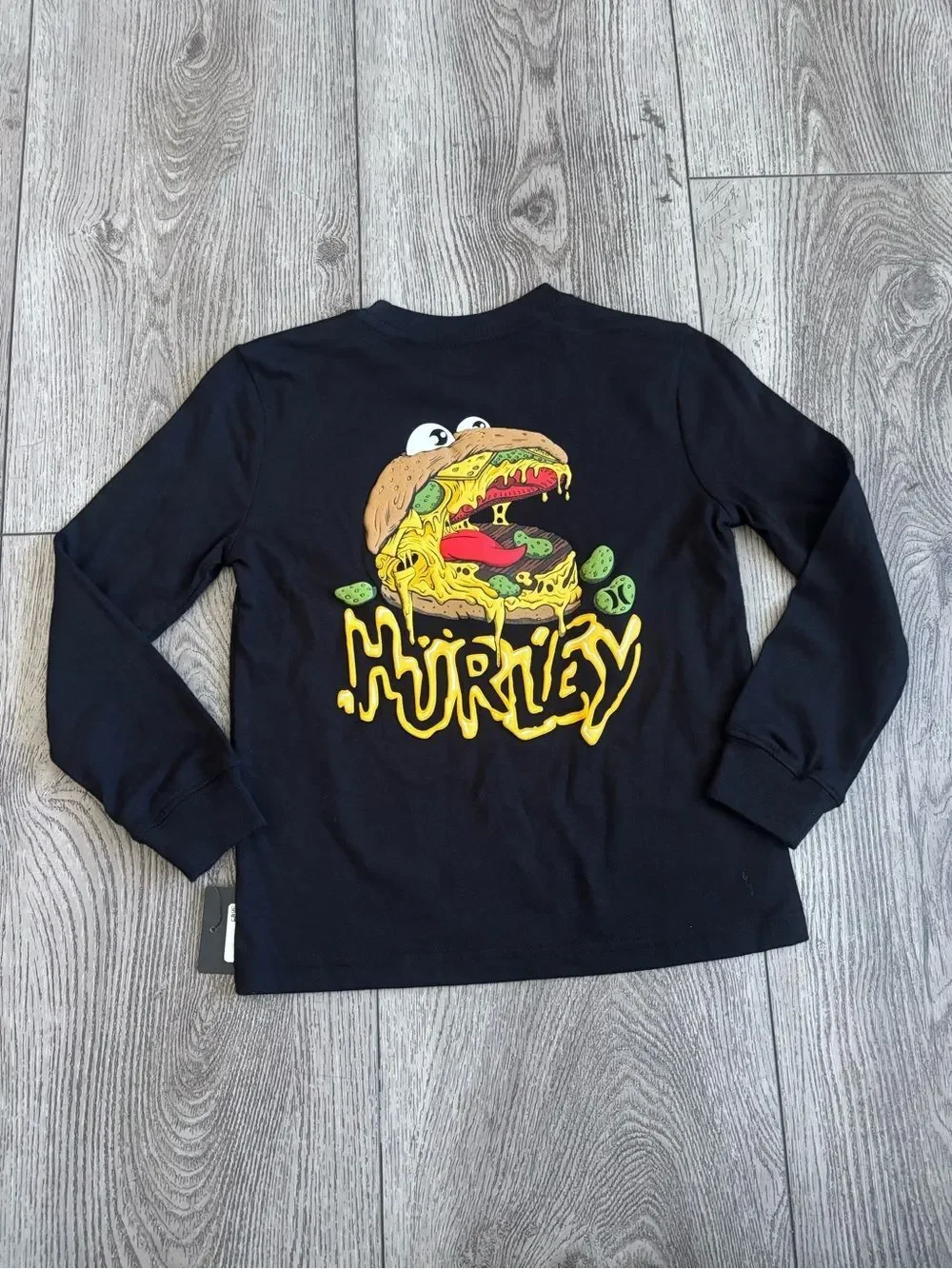 Hurley Kids Black Long-Sleeve Graphic Tee with Yellow Fries Pocket